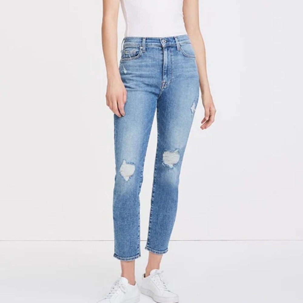 7 For All Mankind HIGH WAIST ANKLE SKINNY Blue Distressed Ankle Jeans SZ 27